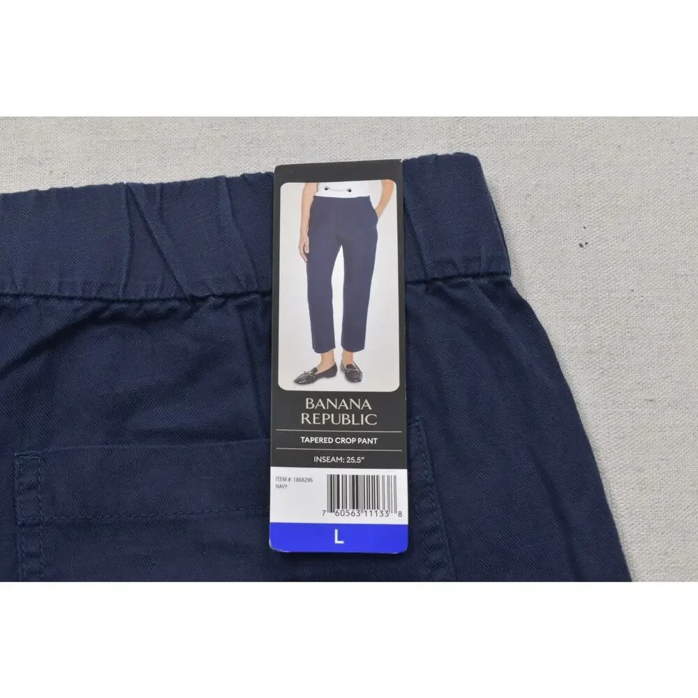 Banana Republic Women Tapered Crop Pant Size L Navy Blue Lyocell Linen Blend NEW